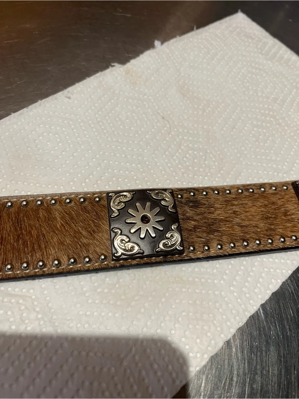 Men's 42 hair on hand tooled Leather Belt with removable Chicago screw conchos